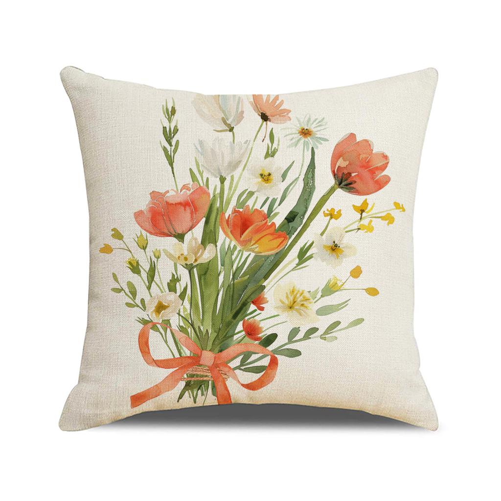 Floral Print Pillow Cover Spring Living Room Decor Sofa Cushion Linen Simple Versatile Car Cushion Cover