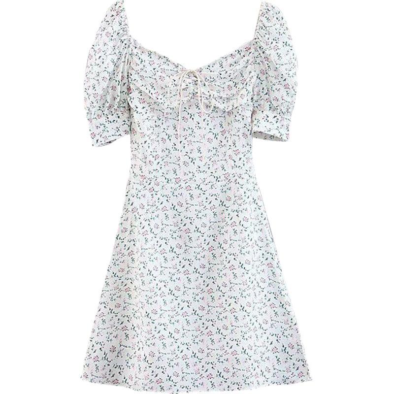 Dress women's summer new lace-up bubble sleeves slim waist floral medium and long dress women's clothing