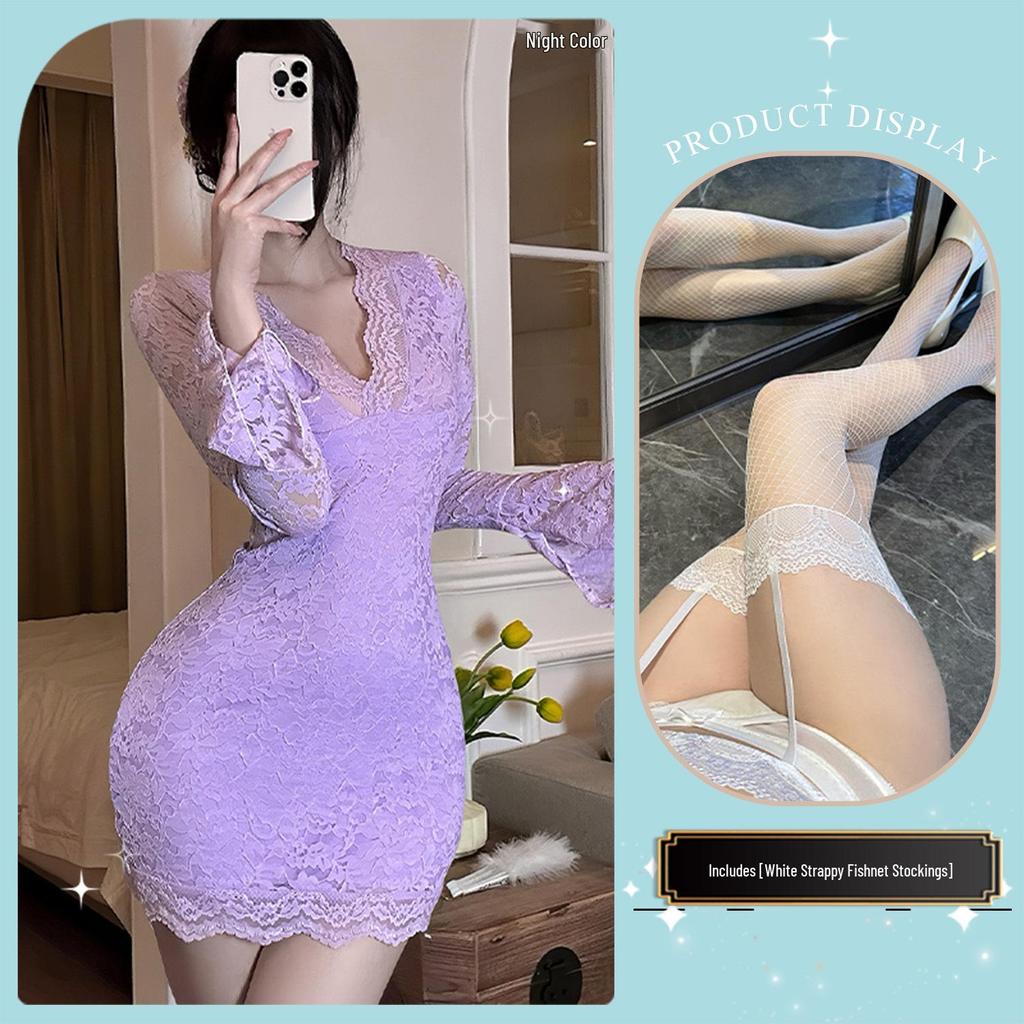 Jin Xiao Sexy French Lace Bell Sleeve Purple Dress with Slimming Waist and Hip-Hugging Design.