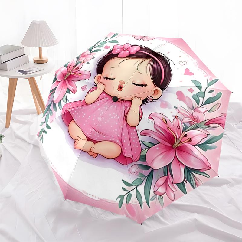 Pink Lily Flower Girl Automatic Opening/Closing Umbrella - Portable 3-Fold Design with Iron Frame - Gift for Fans, Travelers, Daily Use11210