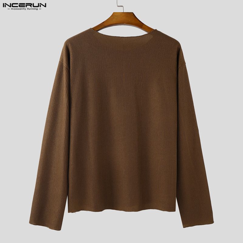 INCERUN Spring Men Long Sleeve Casual Loose Rib Pullover T-shirts Tops