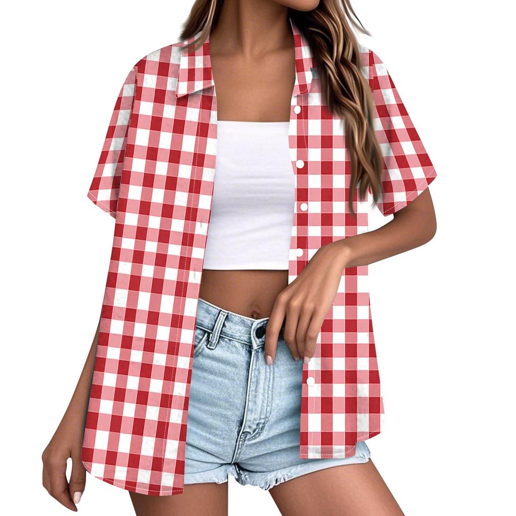 Women's Short Sleeve Button Down Shirt Loose Fit Casual Collared Blouse Summer Top
