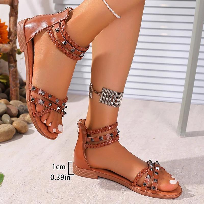 Fashion Casual Cross Strap Flat Sandals Women Rivet Decor Weightlight Soft Sole Sandal Female Stylish New Cover Heel Sandalias Mujer