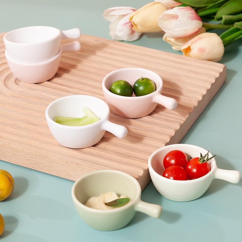 4pcs Ceramic Disc with Handle, Cute Mini Bowl, Cream Dessert Cereal Bowl