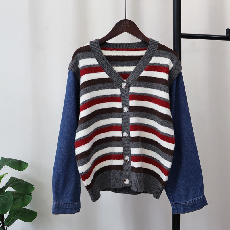 

Осень и зима новый контрастный цвет полосатый сращенный джинсовый рукав вязаный кардиган свободного дизайна свитер куртка женская одежда One size серый