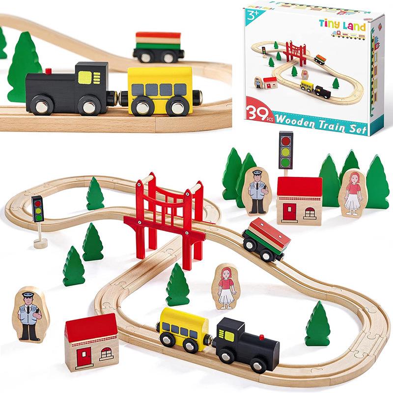 Children's Wooden Train Track Building Blocks Set