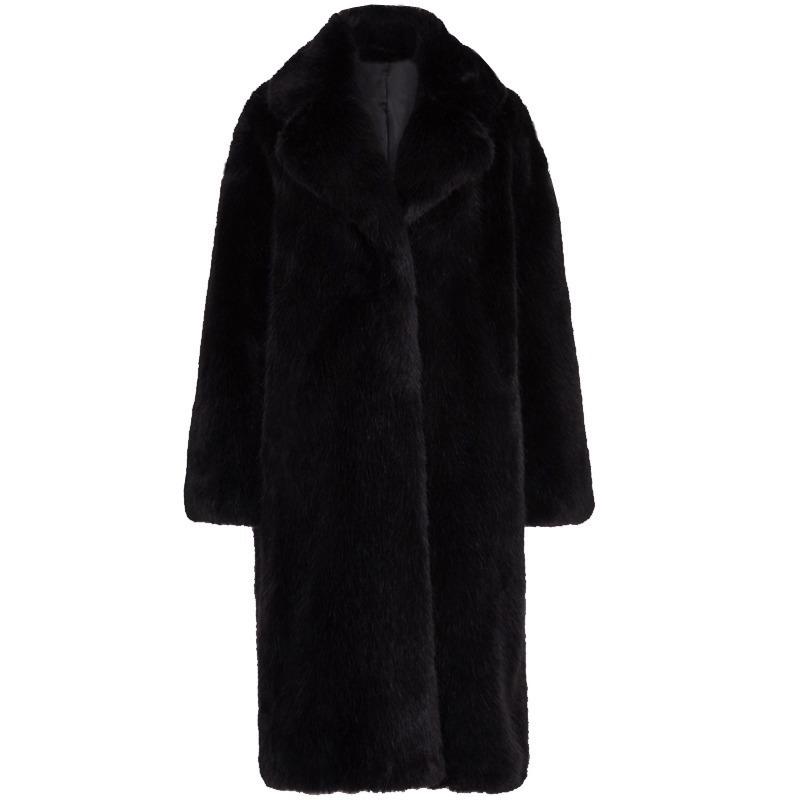 

Зимнее новое пальто из искусственного меха кролика с воротником-стойкой, женское длинное пальто из искусственного норкового бархата до колена, утолщенное пальто, черное M чёрный