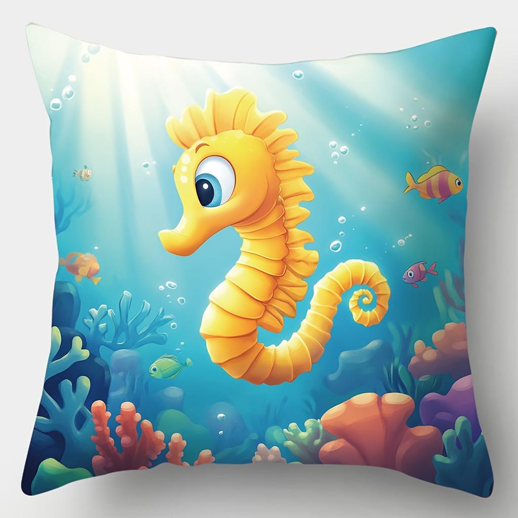 4PCS Cartoon Ocean Pillow Covers: Seahorse, Dolphin, Turtle, Jellyfish & Coral. Lifelike Print for Bedroom, Sofa & Party Decor