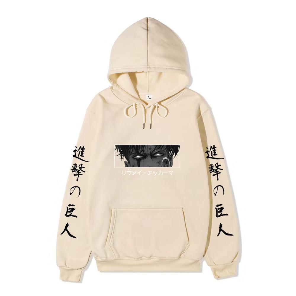 Anime Attack On Titan Levi Ackerman Hoodie, Double Sleeve Japanese Text Print Pullover Sweatshirt Long Sleeve Streetwear for Men Women