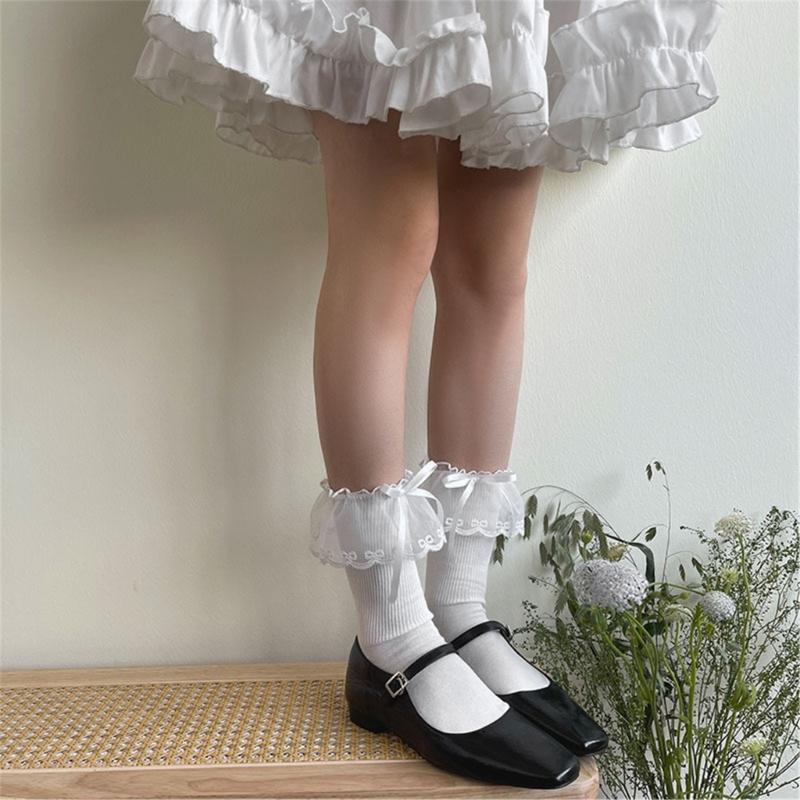 Fashionable Ruffle Mesh Splicing Ankle Socks with Bows Detail Breathable Elegant Solid Color Middle Tube Socks for Women