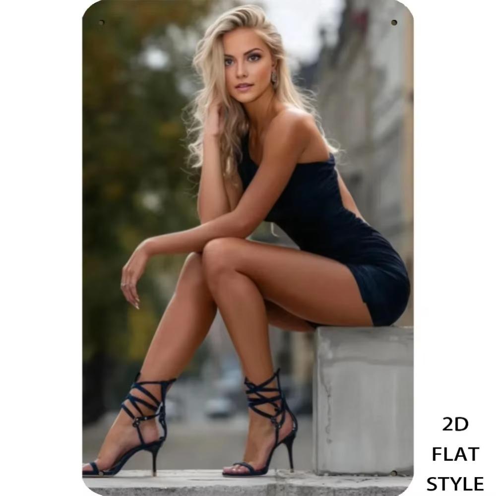 Blechschild Vintage Blondes Schwarzes Kleid Metall Wandkunst Heimbar Dekor