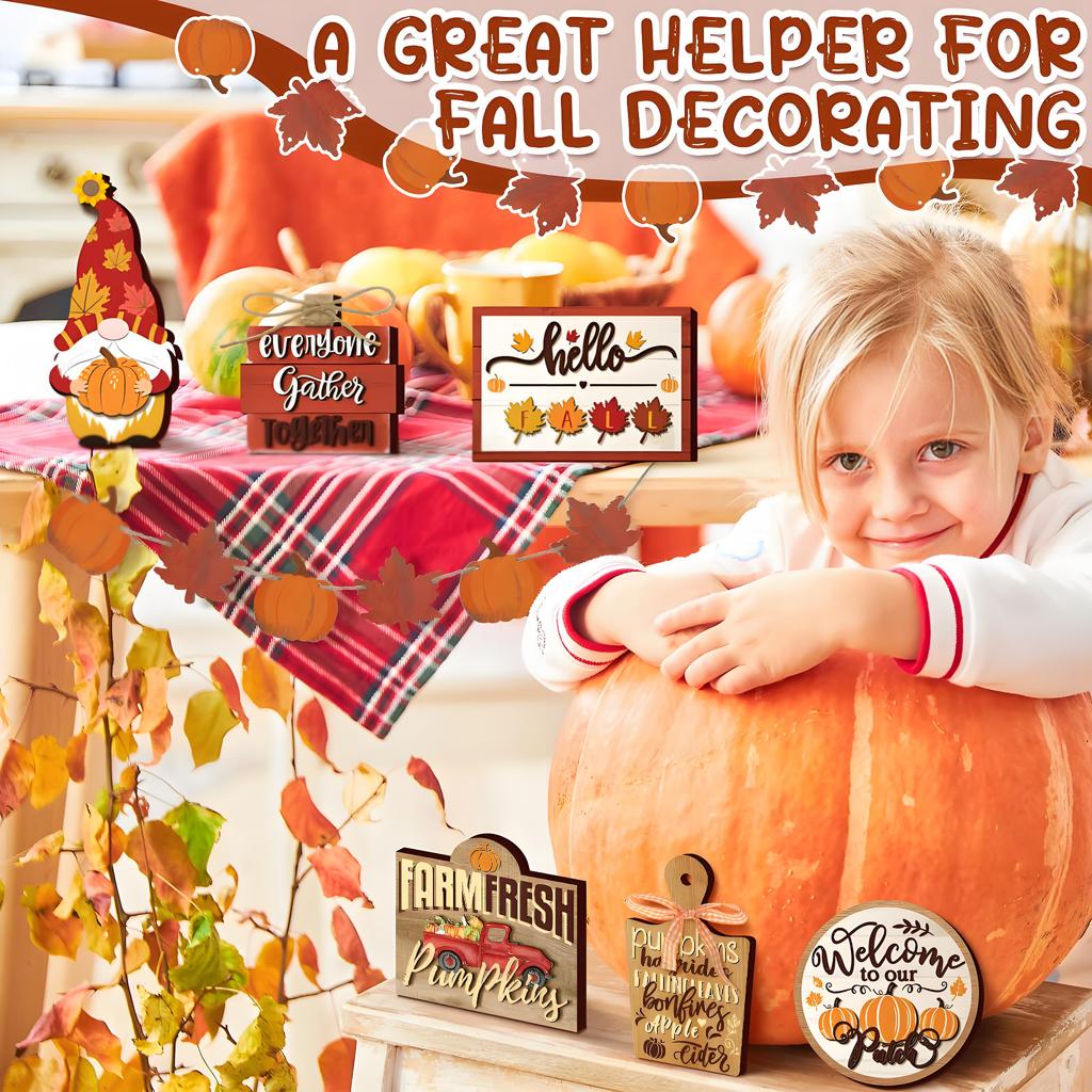 Fall Pumpkin & Maple Leaf Reclaimed Wood Tiered Tray FSC-Certified Thanksgiving Tabletop Seasonal Decor for Home Garden