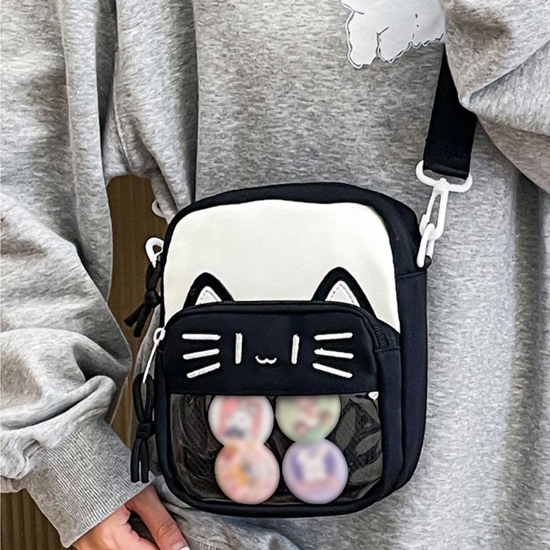 Roztomilá vyšívaná crossbody kabelka pro kočky ve stylu Harajuku Trendy průhledná taška Badge Taška na telefon
