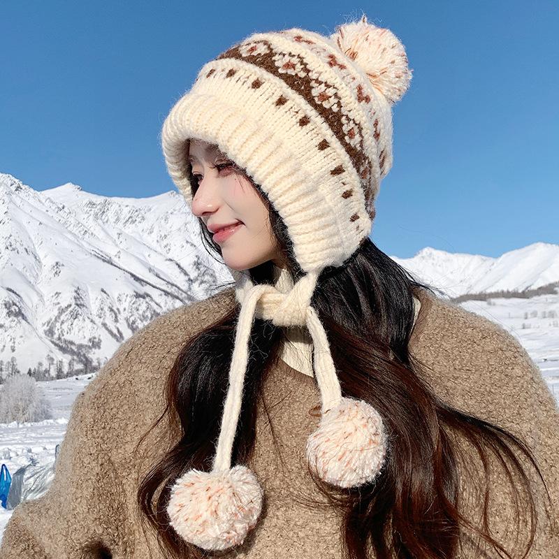 Fair Island Wind Hairball Knitted Hat Children's Winter Atmosphere Thickened Warm and Cold Straps Ear Protection Wool Hat