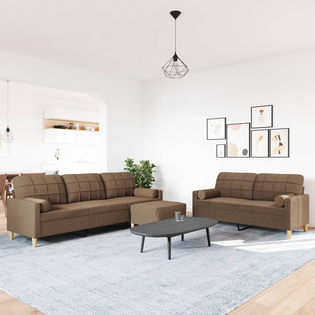 3-Cz. Sofa Set with Footrest and Cushions, Brown, Fabric