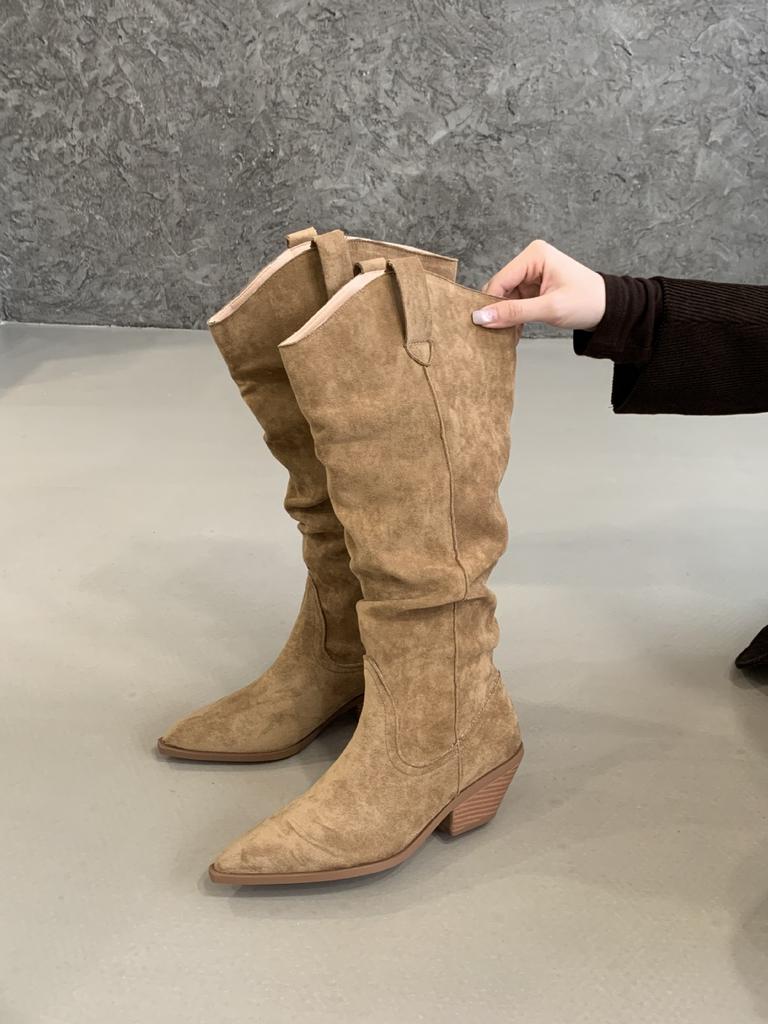 Pointed Thick Heel Pile Boots Tall Boots 2025 Autumn and Winter Khaki Short Boots But Knee Small Boots