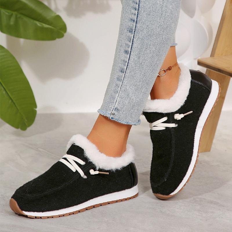 Autumn and Winter New Large Size Cotton Shoes Women's Flat Bottom Round Head Fluffy Mouth Velvet Warm Women's Shoes