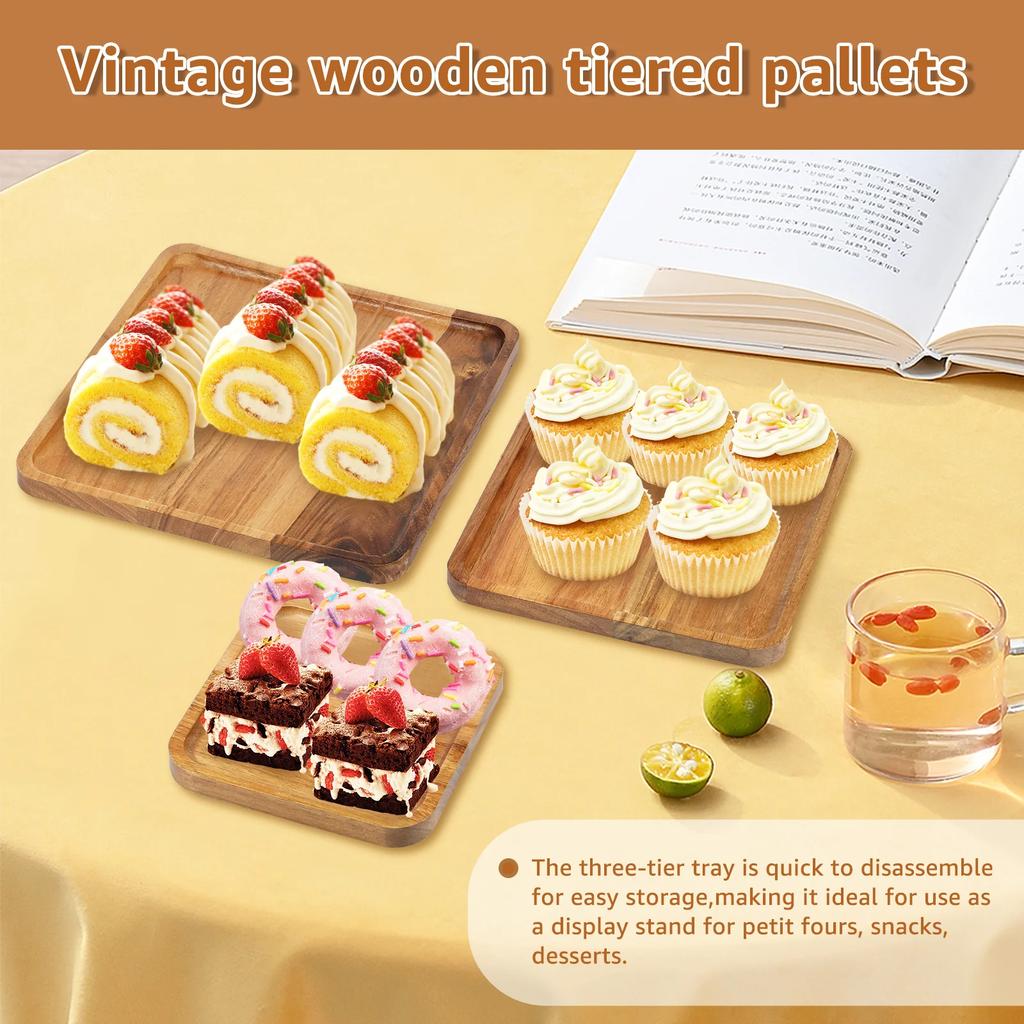3 Layer Wood Cupcake Stand High-capacity Snacks Display Tray Square Plates for Desserts Fruits,Kitchen Organizer for Xmas Party
