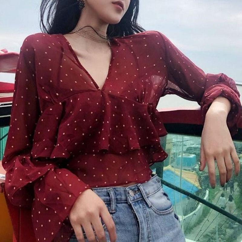 Spring Summer New Sweet Long Sleeve Ruffles Women's Loose Folds Korean All-match Polka Dot Chiffon Shirt