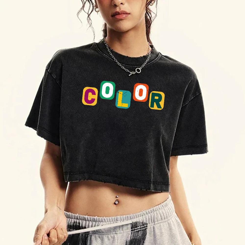 Color Art Letter Printing Washed Tee Shirts Women Cotton Tops O-Neck T Shirt Summer Sports Snow Wash T-Shirts