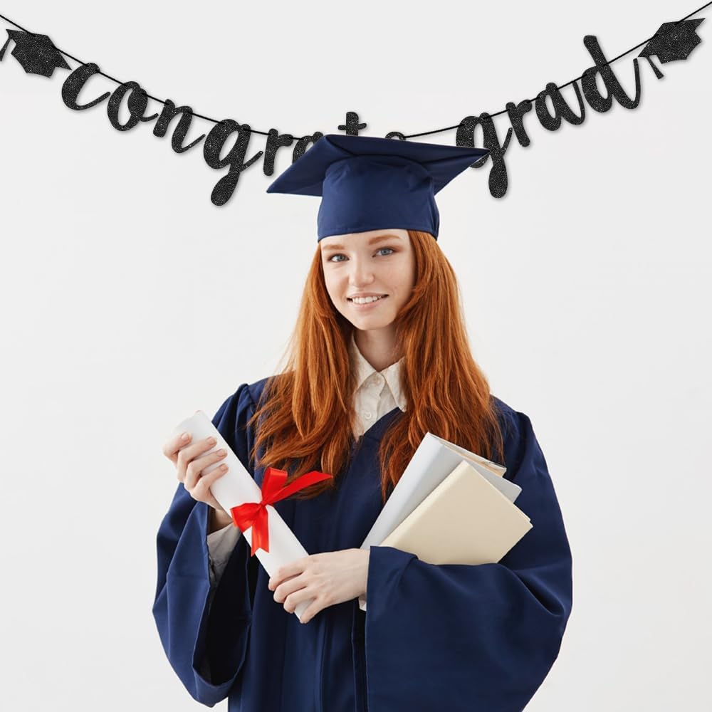 Congratulations Graduation Decorations Class of 2025, Pre-strung Black Glitter Congrats Grad Banner, Grad Party Senior College High School Classroom