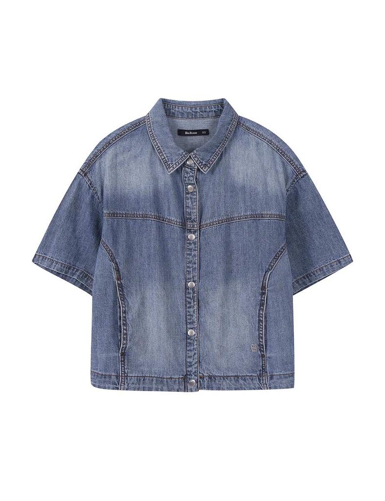 BUCKAROO Women'S Cutout Detail Denim Crop Short Sleeve Shirt Indigo