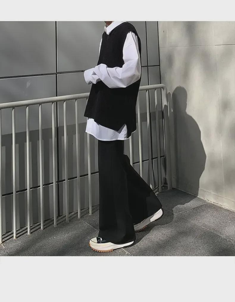 Pánské trendy jarní kalhoty s širokými nohavicemi: Volný splývavý rovný střih, špičkový všestranný mopovací styl.