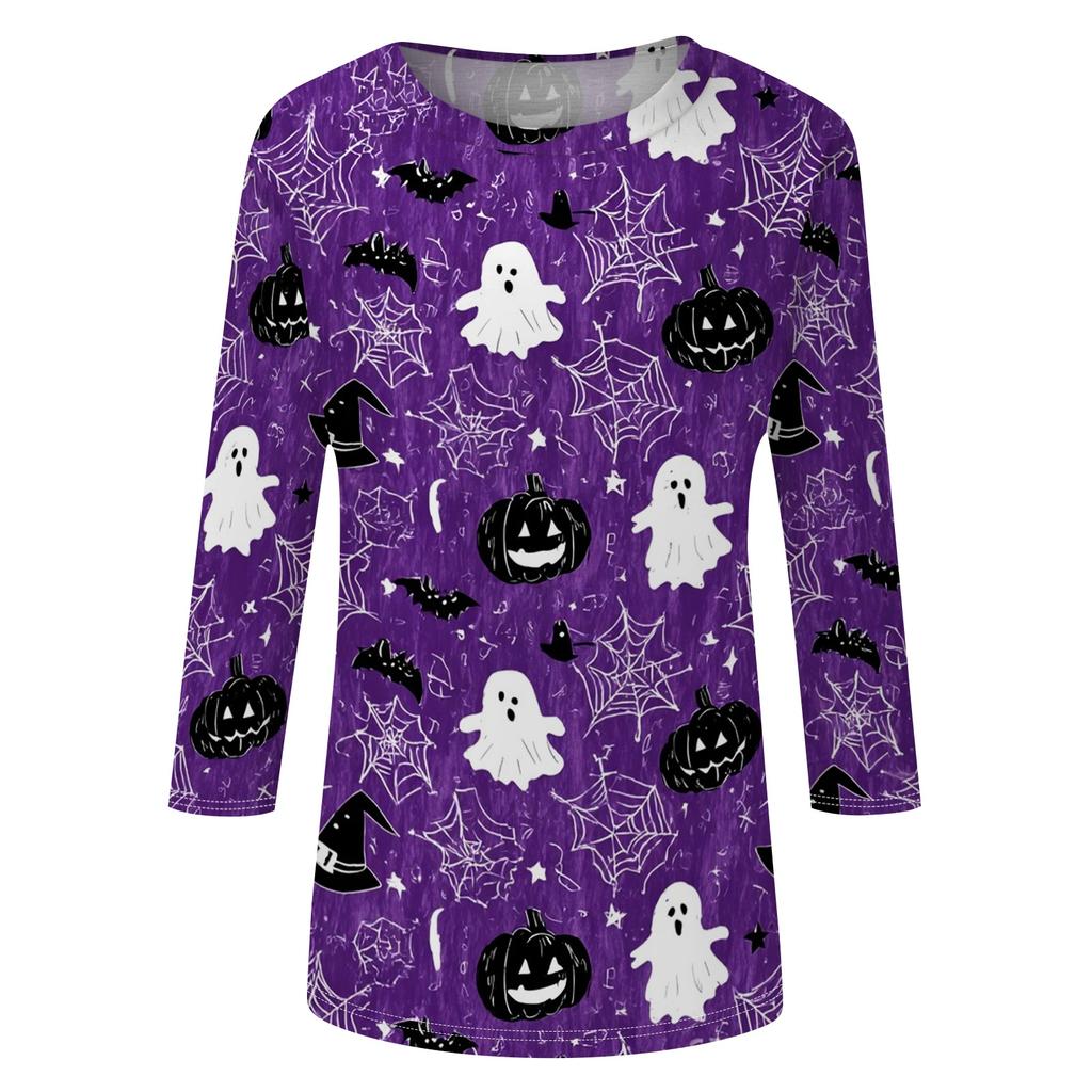 Women's Casual Halloween Print Top Three Quarter Sleeve Round Neck Pullover Shirt Lightweight Comfortable Fit for Everyday Wear