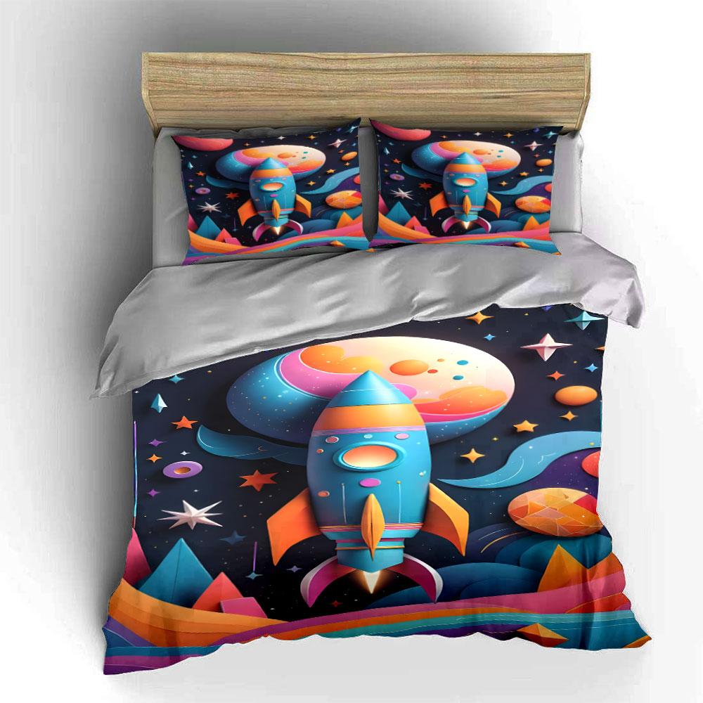 Bunte Rakete und Planeten. Bettwäsche-Sets Bettbezug-Sets Bettbezüge Kissenbezüge(1 * Bettbezug 2 * Kissenbezüge ohne Bettdecke)