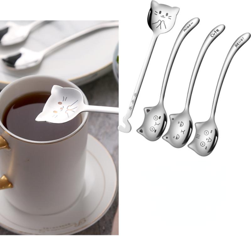 Funny Cat Long Handle Spoon Tea Spoon for Coffee Long Tail Cat Coffee Spoon Birthday Gift 304 Stainless Steel Tableware