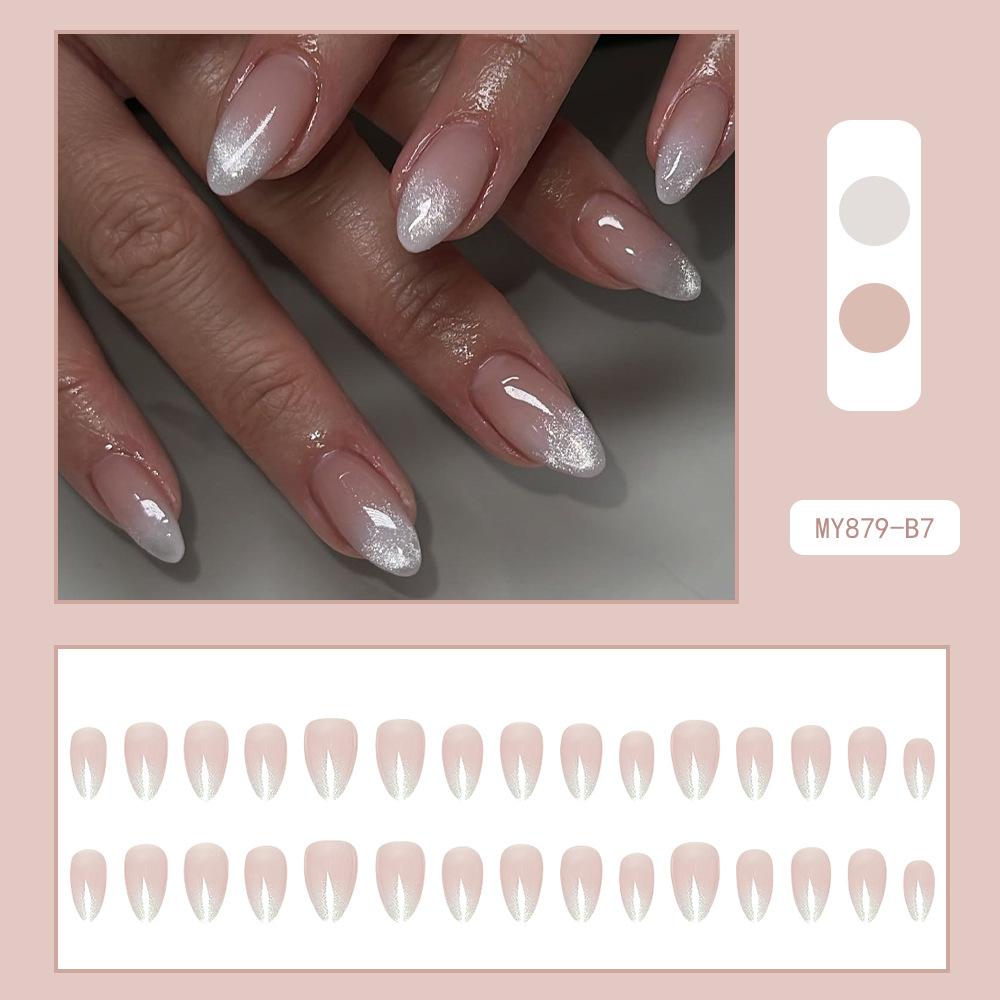 

BEPAN 24pcs Cat s Eye Pink Almond French Style Press on Nails Pink 3D Printing Fake Nails Full Cover Wearable False Nails