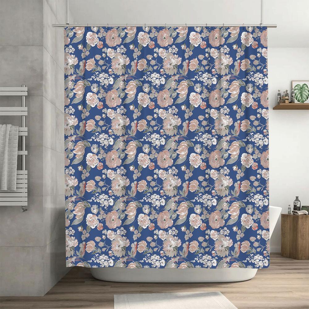 Delightful Pink Floral Shower Curtain Elegant Bath Decor for Home Decoration (Blue)