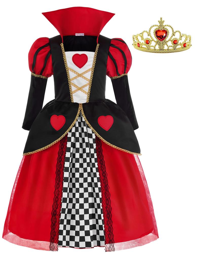 Queen Cosplay Halloween Costume Children Girls Princess Dress Playing Cards Witch Queen with Accessories Heart Tiara Red X Black 150 [ReliBeauty]