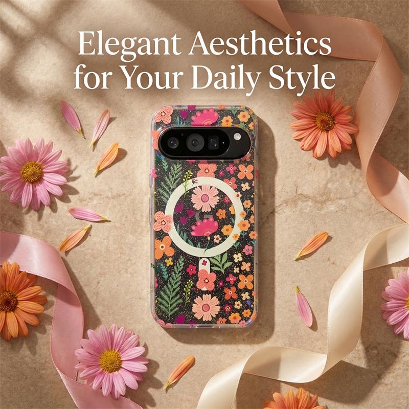 

Transparent Flower Wireless Charging Magnetic For Magsafe Case For Google Pixel 10 9 Pro XL 10A 9A Shockproof TPU PC Frame Cover Google Pixel 9