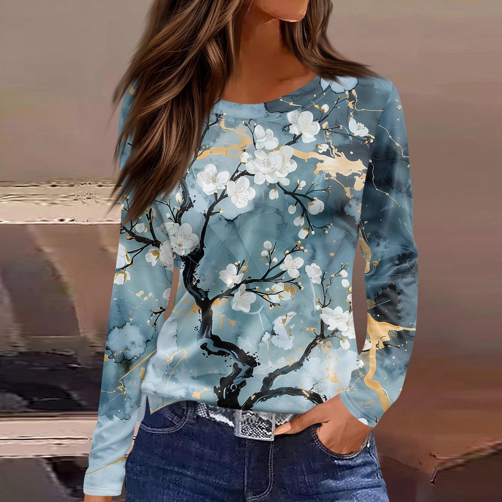 

Женская модная повседневная свободная футболка с принтом и круглым вырезом с разрезом и длинным рукавом, женский топ L синий