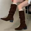 Suede Women Chunky Knee High Boots Mid Heels Fashion Walking Shoes  Winter New Trend Goth Casual Woman Chelsea Long Botas
