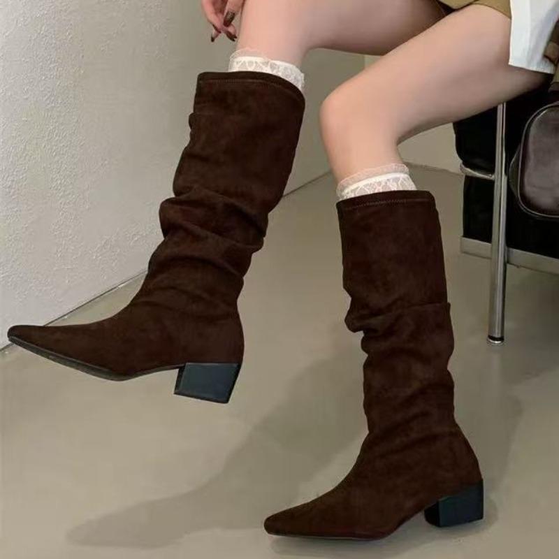 Suede Women Chunky Knee High Boots Mid Heels Fashion Walking Shoes  Winter New Trend Goth Casual Woman Chelsea Long Botas