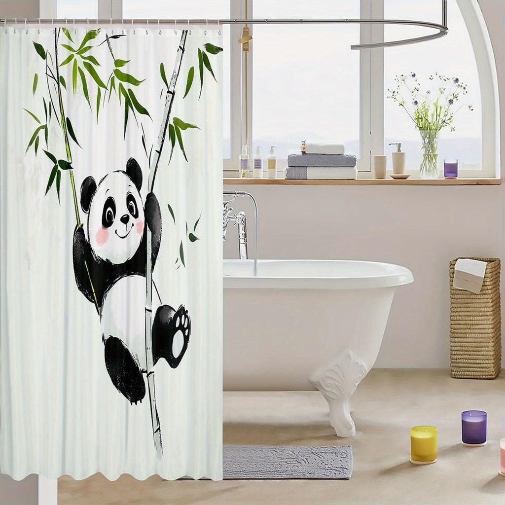 1pc Panda Shower Curtain Cute Cartoon Panda Bathroom Curtain Kawaii Animal Bath Curtain, Watercolor Panda Art Painting Curtain