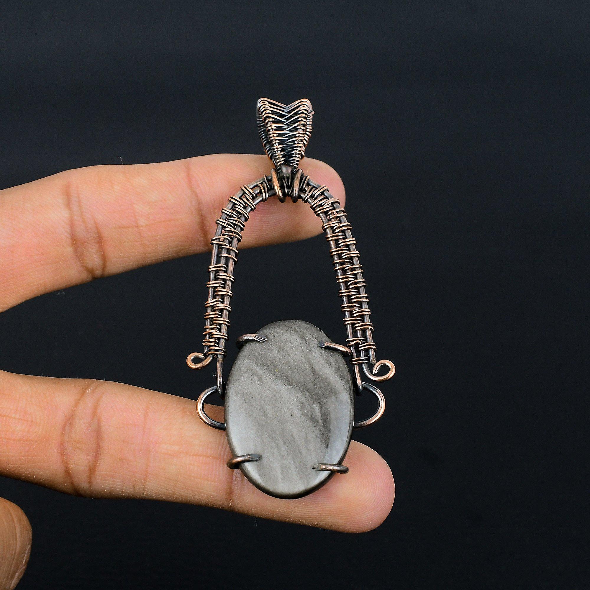

Silver Sheen Obsidian Pendant, 999 Copper Wire Wrapped Pendant Handmade Gemstone Jewelry, Gifts For Wife Brand New Pendant 2.55 Inches