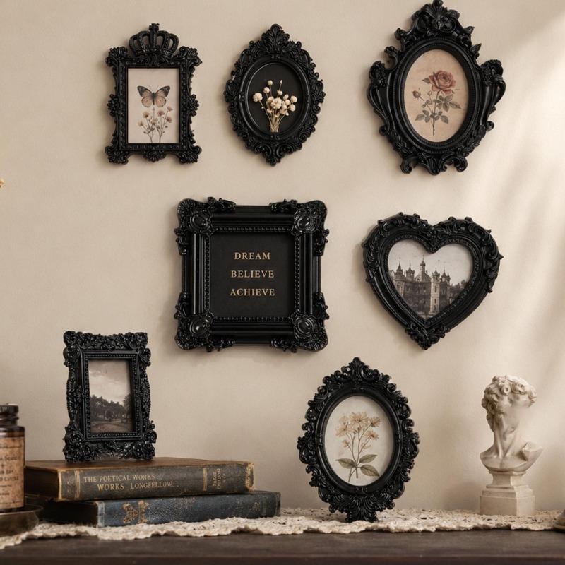 Mini Photo Frame Black Carved Resin Ornate Picture Frame Multi‑Shape Wall Mount Desktop Frame DIY Home Art Decoration Ornament