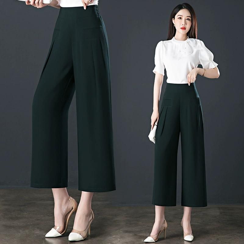 

Женские летние тонкие повседневные брюки с высокой посадкой, драпировкой и широкими штанинами, для среднего и пожилого возраста, однотонные, удобные брюки длиной девять минут XS