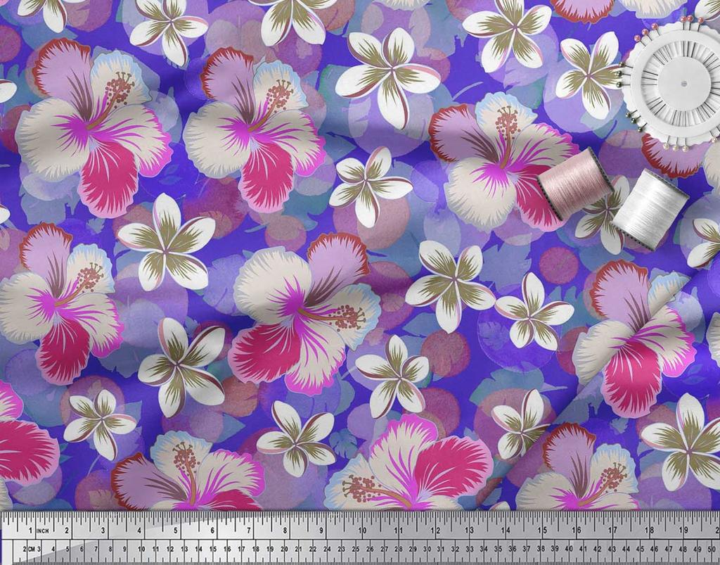 Soimoi Japan Crepe Satin Fabric Leaves & Plumeria Flower Decor Fabric Printed Metre 42 Inch