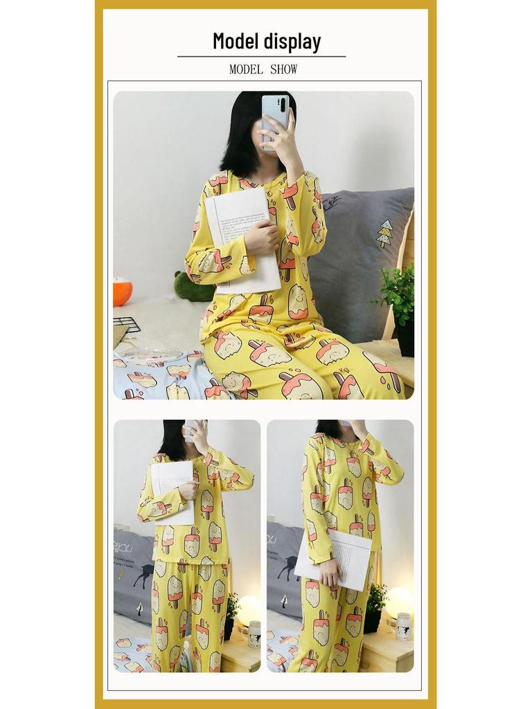 Niedliches Cartoon Damen Pyjama-Set: Rundhalsausschnitt, lange Ärmel, lange Hose – Bequem, vielseitig, perfekt für zu Hause oder draußen im Herbst und Winter