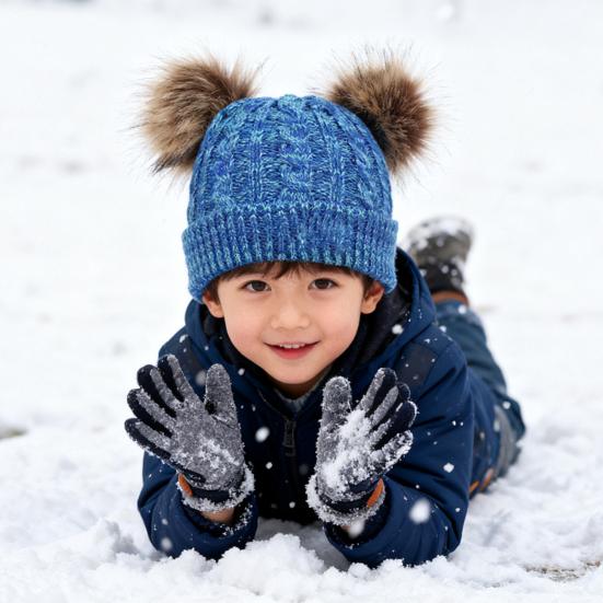 3Pcs/Set Children Hat Scarf Gloves Set Plush Ball Decor Twist Texture Solid Color Knitting Hat Long Scarf Gloves Set