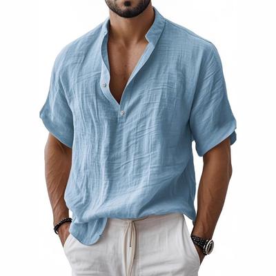 Men Mandarin Collar Short Sleeve Henley Shirt Crinkle Texture Casual Summer Top