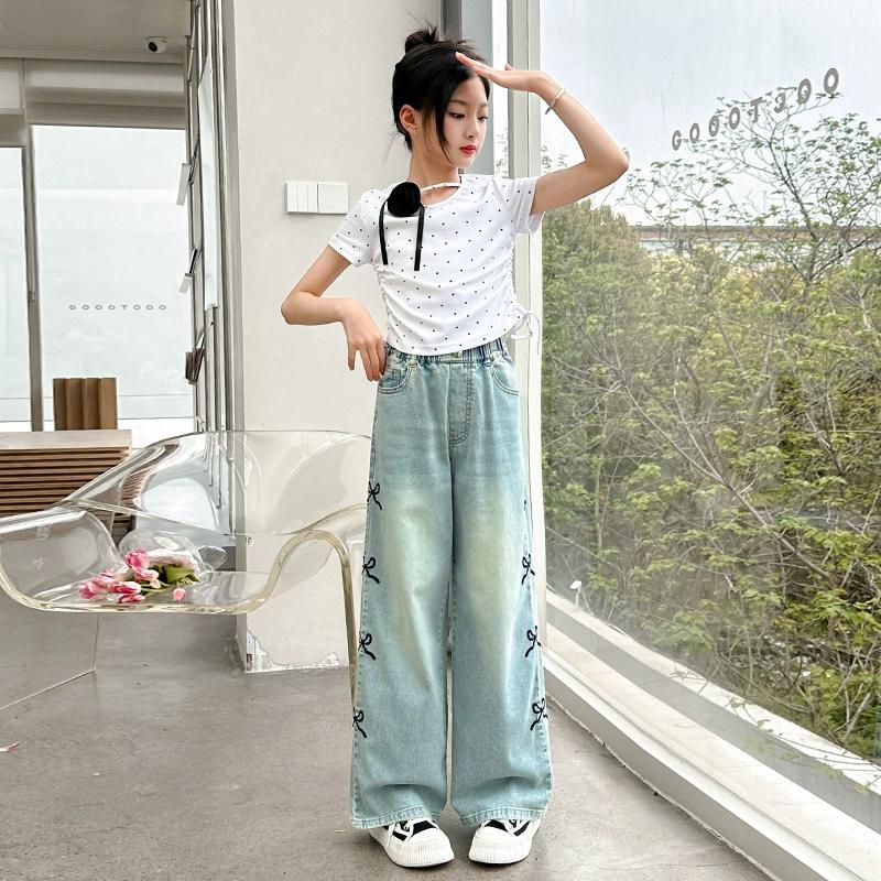 Girls' Summer Thin Side Seam Embroidered Bowknot Jeans Loose Straight Wide Leg Denim Pants Teenagers Pure Color Washed Trousers