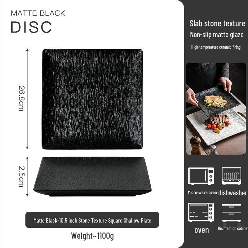 High-End Black Ceramic Square Steak Plate - Lightweight, Luxury, Stylish Dish for Home Use