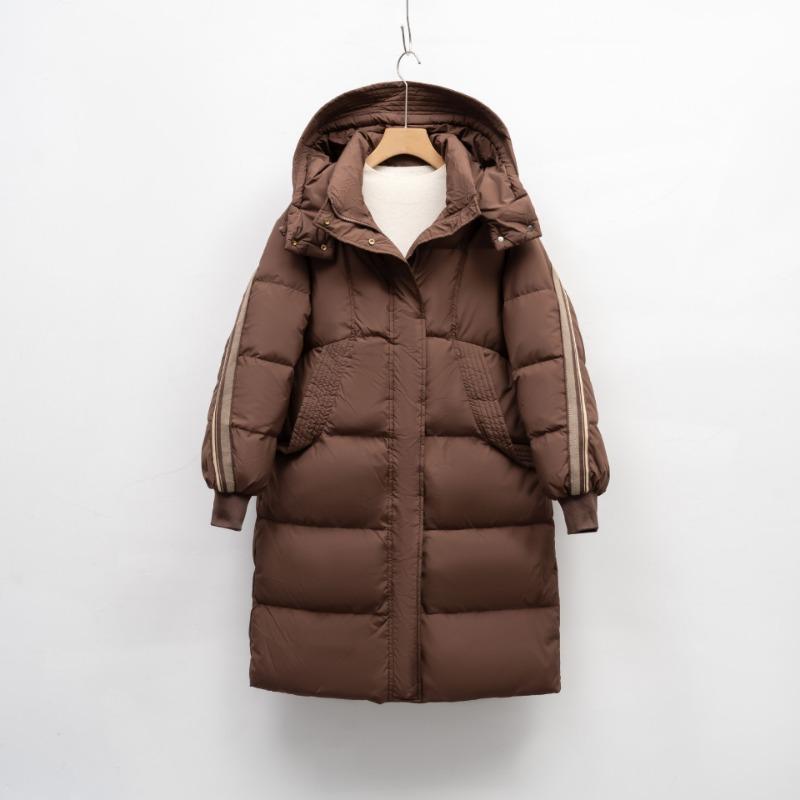 Pinghu Daunenjacke Damen Winter neue Mode mittel und lang Kaffeefarbe Retro weiße Entendaunenjacke mit Kapuze und verdickt
