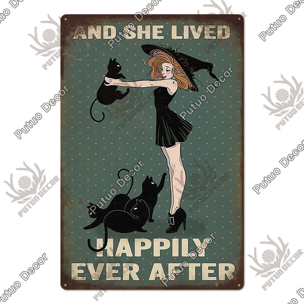Putuo Decor Black Funny Cat Metal Sign Vintage Plaque Metal Retro Animals Tin Poster for Living Room Home Decoration Wall Decor