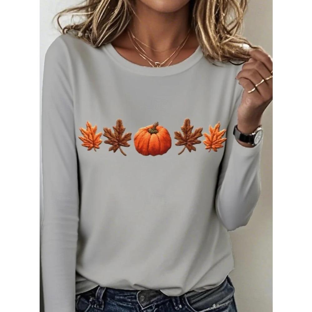 Tops for Women Pumpkin Print Costume  Round Neck Long Sleeve T-shirt Fall Casual Slim Pullover Women's Long Sleeve Top